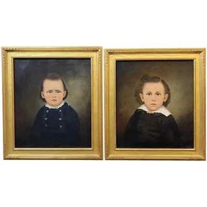Par de pinturas al óleo de retratos del siglo XIX, The Greeley Boys, Franklin NH - Imagen 1 de 12