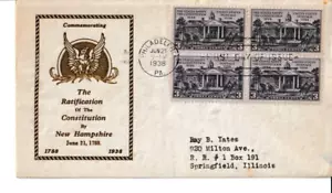 1938 Block of 4 US Scott 835 Mayne cachet raised print FDC, PA cancel, SEALED - Picture 1 of 2