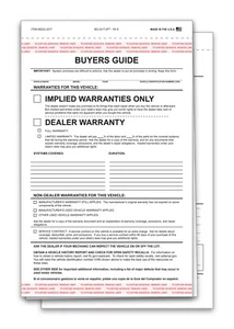 PAQUETE DE GUÍA DEL COMPRADOR DEL CONCESIONARIO DE AUTOMÓVILES DE 2 PIEZAS DE ADHESIVO GARANTÍA IMPLÍCITA - Imagen 1 de 2