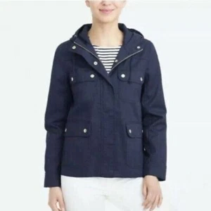 J. Crew Womens Resin-coated Twill Hooded Field Jacket Navy Blue - Picture 1 of 6