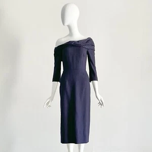 Oscar De La Renta Early 2000s Navy Red Pinstripe Wool Asymmetrical Pencil Dress - Picture 1 of 15