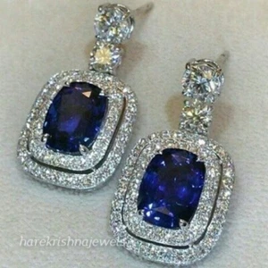 Orecchini Alone Taglio Cuscino 4CT Creati Lab Borchie Zaffiro Blu 14K Oro Bianco Over - Foto 1 di 6