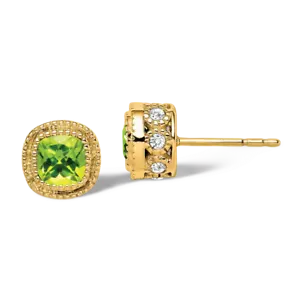 14K Solid Yellow Gold Cushion-cut Peridot Diamond Stud Solitaire Earrings - Picture 1 of 4