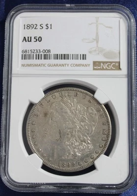 Dólar de plata Morgan 1892-S $1 NGC AU50 - ¡Moneda afilada! Foto 1 de 3