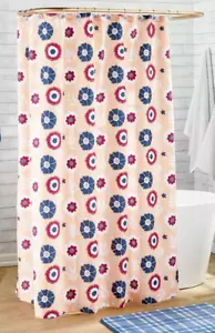 Modern Retro Flowers Fabric Shower Curtain 72-in sq. Blue Red Floral on Tan NEW - Picture 1 of 3
