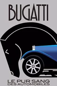 Bugatti Classic 1930er Automobil Poster Neu Giclée UV Druck Pferd und Auto Motiv - Bild 1 von 3