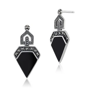 Orecchini a goccia stile Art Deco onice nera cabochon e marcasite in argento sterling - Foto 1 di 3