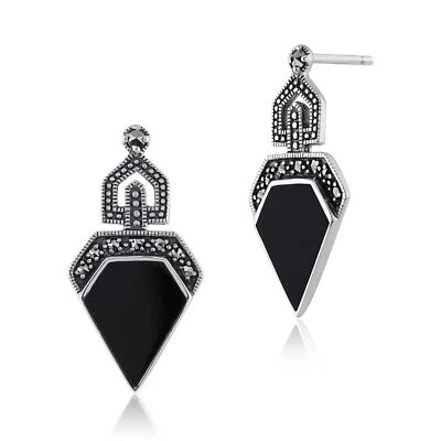 Arte Stile Déco Onice Nera Cabochon & Marcasite Goccia Orecchini IN Sterling - Immagine 1 di 3