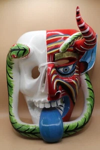 816 -- BIG DEVIL SNAKE PASTORELA WOODEN MASK Dance With Horns Michoacan old - Picture 1 of 10