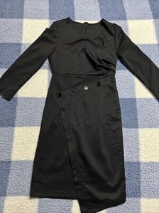 Womens M Mini Dress Long Sleeve Cross Over V Neck Black Asymmetrical Buttons - Picture 1 of 10