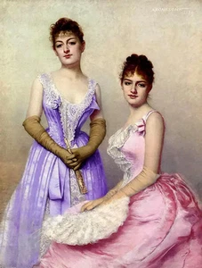 Beautiful Oil painting otto bache - the debutantes nice young girls in dress art - Picture 1 of 1