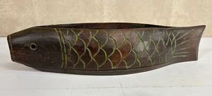 Japan Carved Wooden Decorative 15" Fish Bowl Trinket Box - Picture 1 of 9