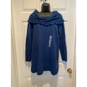 Eight Eight Eight cowl neck sweater large teal blue cotton ruffle - Picture 1 of 9