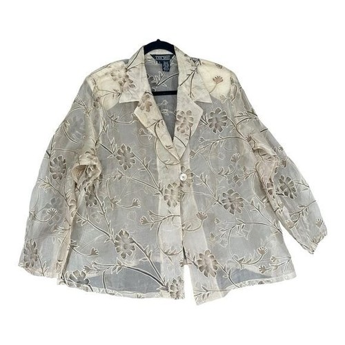 OFF WHITE Giacca Ann May L grande 100% seta trasparente vintage artistica matura floreale nonna