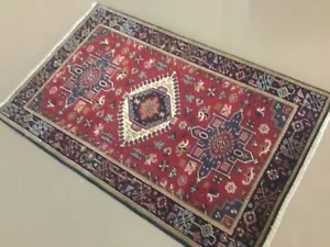 2’.7” X 4’.1” Red Navy Blue Geometric HandKnotted Oriental Area Rug Wool Hallway - Picture 1 of 10