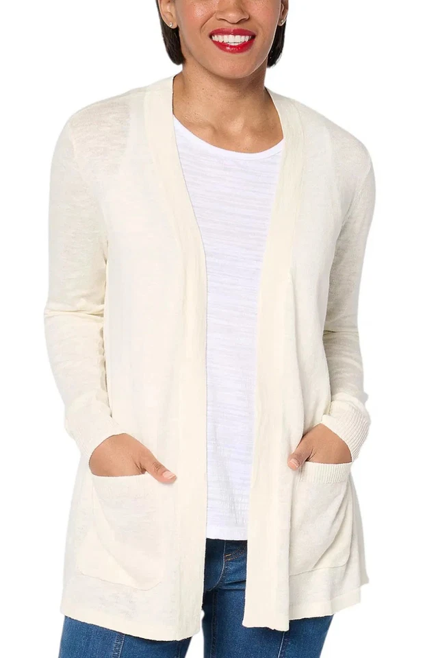 Cárdigan túnica natural Denim & Co. Beach para mujer frente abierto Foto 1 de 1