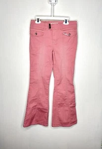 Y2K Plug Chino Flare Pants Girls Size 12 Stretch Khaki Rose Pink Patch Pockets - Picture 1 of 4