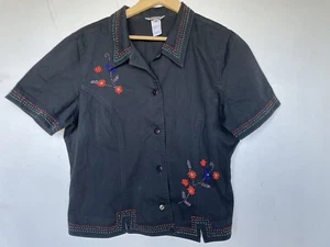 Stonebridge SZ16 Black Cotton Beaded Flowers Button Up Short Sleeve Collar - Picture 1 of 6