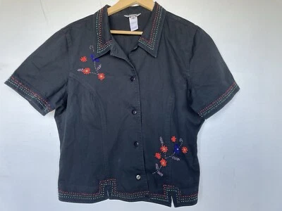 Gola Stonebridge tamanho 16 preta de algodão com miçangas flores botão para cima manga curta - Imagem 1 de 4