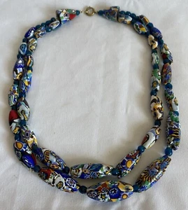 Italy VENETIAN MURANO MILLEFIORI Double Strand Necklace Blue Glass Spacer Beads - Picture 1 of 11
