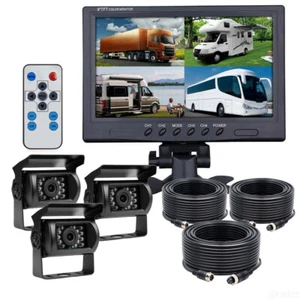 9" Quad Monitor Splitscreen 3x 4PIN CCD IR Rear View Camera 2x 10m+20m Package - Picture 1 of 12