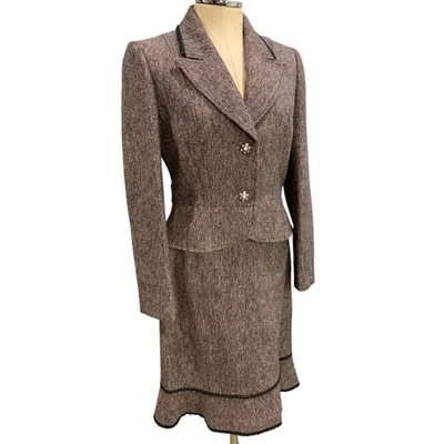 Talla 6 Tahari Falda Traje Chaqueta Tweed Encaje Dobladillo Negro Rosa Púrpura Foto 1 de 4