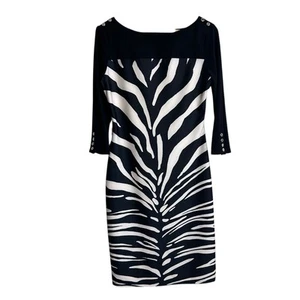 Joseph Ribkoff Dress Womens 4 Black Cream Zebra Striped Shift Classy Boat Neck - Picture 1 of 11