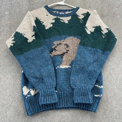 Suéter masculino Woolrich vintage M azul urso pardo gráfico AOP pulôver de lã pura anos 90 - Imagem 1 de 4