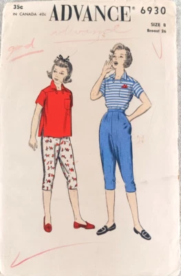 Advance Sewing Pattern 6930 Shirt Top Tapered Capri Pants Girls Size 8 Breast 26 - Image 1 of 3
