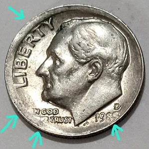 1985 D Roosevelt Dime Off Center Strike Error Coin / IN & We mis-struck, 85 also - Picture 1 of 3