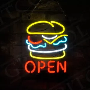 Hamburger OPEN Neon Sign Light Restaurant Shop Wall Decor Art Nightlight 10"x10" - Picture 1 of 3