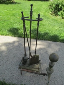 VINTAGE BRASS METAL FIREPLACE SET SHOVEL BRUSH POKER STAND & ONE ANDIRON! - Picture 1 of 6