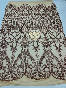 Damask Design Rose Gold Sequin Fabric On Mesh 4Way Stretch Lace By The Yard - Picture 1 of 3