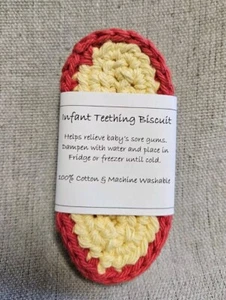 Crochet Baby Teething Biscuit Red Yellow Handmade 100% Cotton - Picture 1 of 4