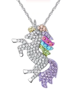 STRASS EINHORN SILBER KETTE KINDER HALSKETTE MÄDCHEN GLIEDERKETTE BUNT UNICORN - Picture 1 of 2