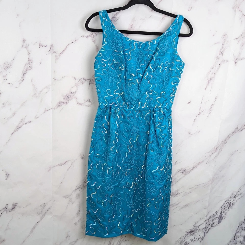 50s Blue Cocktail Sheath Dress Sequin Sleeveless ILGWU Vintage Size XS Jr. Theme - Image 1 of 4
