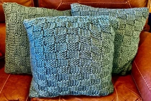 3 Crate & Barrel Bergen Crochet Throw Pillow Covers TealChunky Wool Knit 18x18 - Picture 1 of 8