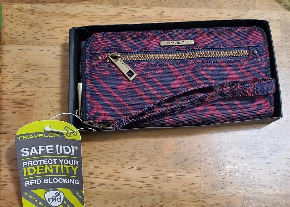 🌻 Travelon Safe ID Protect RFID Carteira Bloqueio Azul Marinho/Borgonha Viagem com Zíper - Imagem 1 de 1