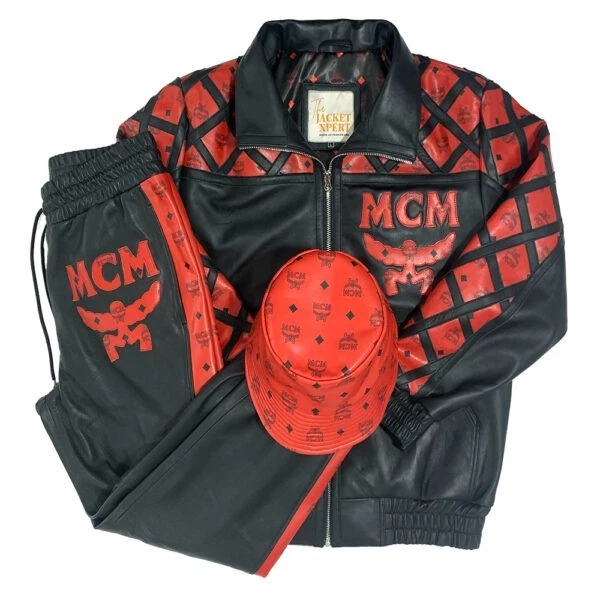 MCM Negro Rojo Cuero Chándal Chaqueta Pantalones Sombrero Conjunto Para Hombres XL Diseñador Ropa de Calle Foto 1 de 4