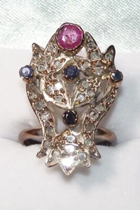 Antique Georgian Victorian 9k Rose Gold Diamond Ruby Sapphire Giardinetti Ring - Picture 1 of 20