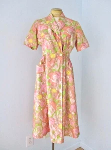 Vtg 50s painterly abstract spring flowers shirtwaist wrap day dress pocket M - Picture 1 of 4