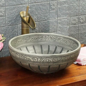 Fregadero lavabo de cerámica gris con encimera de baño Kasbah grabado con patrón floral - Imagen 1 de 29
