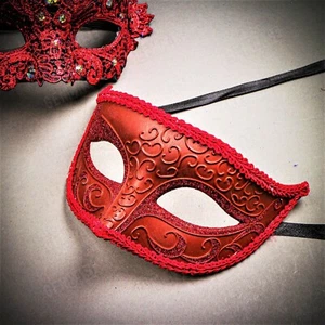 Men Women Party Couple Masquerade Masks Top Feather Venetian Phantom Mask Red - Picture 1 of 7