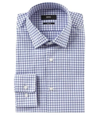 CAMISA DE VESTIR HUGO BOSS MARLEY US ETIQUETA NEGRA AJUSTE AFILADO A CUADROS PÚRPURA - NUEVA CON ETIQUETAS Foto 1 de 4