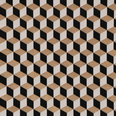 Dekostoff Jacquard Metallic Cube Geometric Würfel schwarz gold ecru 1,4m Breite - Bild 1 von 4
