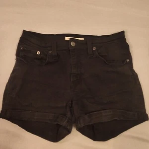 Levi’s Women Sz 27 Mid Length Denim Shorts Black Low Rise Jorts Grunge Red Tab - Picture 1 of 11