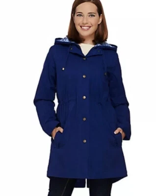 Denim & Co. Cremallera Frontal XXS Parka Abrigo Chaqueta Capucha Color Azul Marino Brillante NUEVO Foto 1 de 3