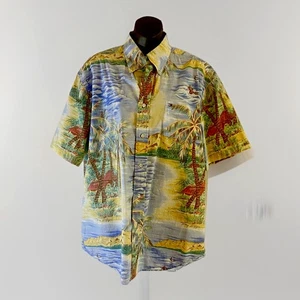 Tommy Hilfiger Vintage Hawaii Hemd Herren L Blau Beach Surf Palmen Wellen Camp Tropic - Bild 1 von 8