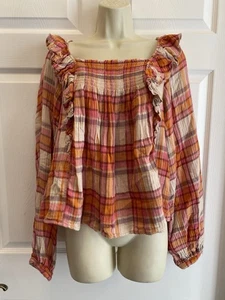 Top a Cuadros We The Free People Siena Volantes Corbatas Mangas Largas Naranja Talla M - Imagen 1 de 11