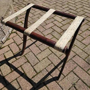 Vintage Scheibe Wood Luggage Suitcase Folding Rack Tapestry Fabric Straps - Picture 1 of 15